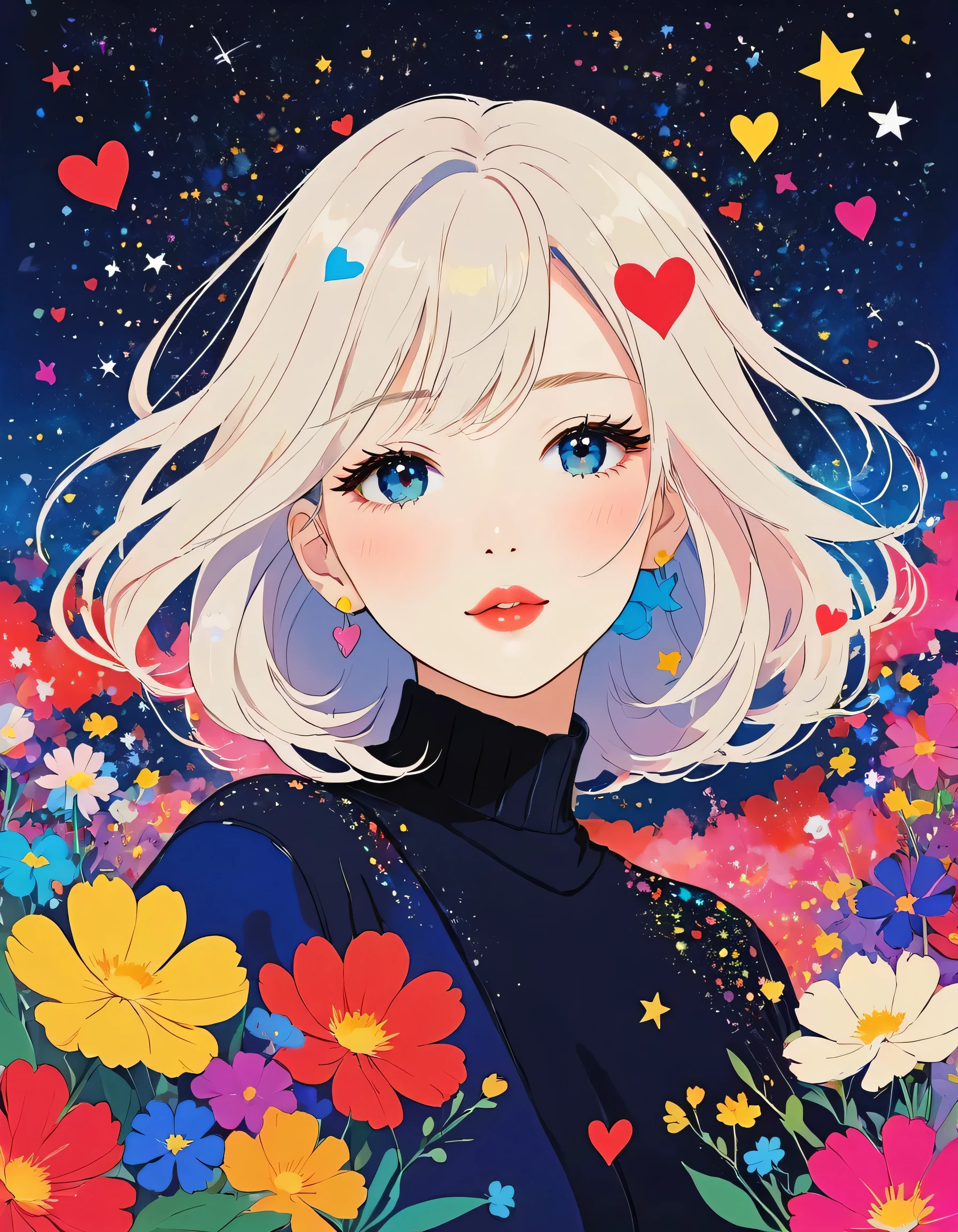 Seizo Watase style, Simple Line Initialism,Abstract art,stylish Design, (((The most beautiful girl of all time))), The background is star dust, colorful hearts, colorful flowers, Lips in love