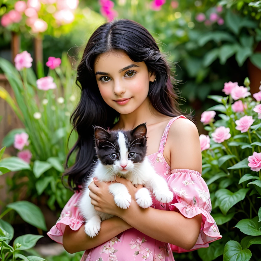 with black hair and dark brown eyes in a little pink dress holding a white kitten in a garden