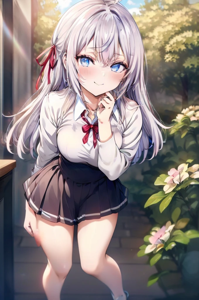Alisa Mikhailovna Kujou、blush,smile、Silver Hair、Blue Eyes、uniform、Red ribbon、Ahoge、Usual hairstyle、Beautiful legs、Full body view、Highest quality, High resolution, unity 8k wallpaper, (shape:0.8), (Beautiful and beautiful eyes:1.6), Highly detailed face, Perfect lighting, Highly detailed CG, (Perfect hands, Perfect Anatomy),