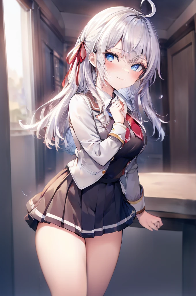 Alisa Mikhailovna Kujou、blush,smile、Silver Hair、Blue Eyes、uniform、Red ribbon、Ahoge、Usual hairstyle、Beautiful legs、Full body view、Highest quality, High resolution, unity 8k wallpaper, (shape:0.8), (Beautiful and beautiful eyes:1.6), Highly detailed face, Perfect lighting, Highly detailed CG, (Perfect hands, Perfect Anatomy),
