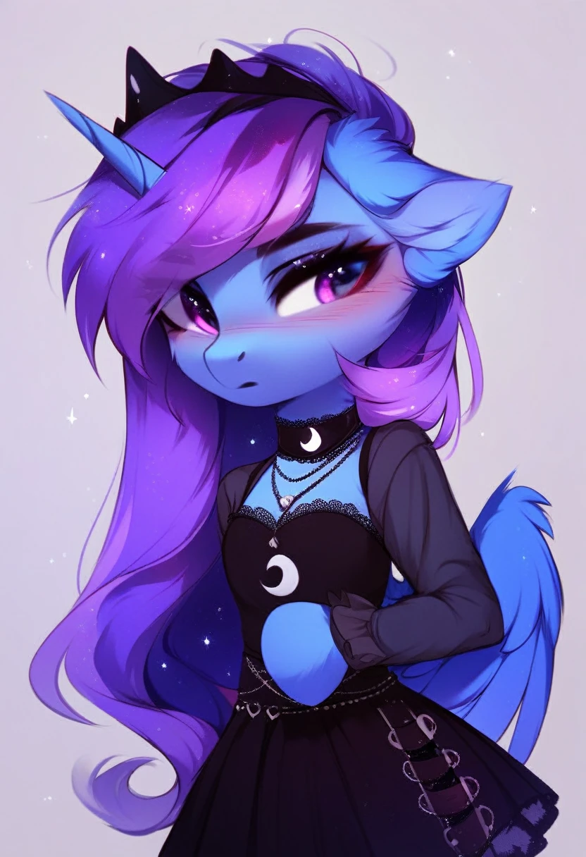 check_9, check_8_up, check_7_up, source_fluffy, rating_safe, from Magnaluna, Luna poses seductively in a gothic bedroom, antro, blushing, blue body, purple mane, black skirt 