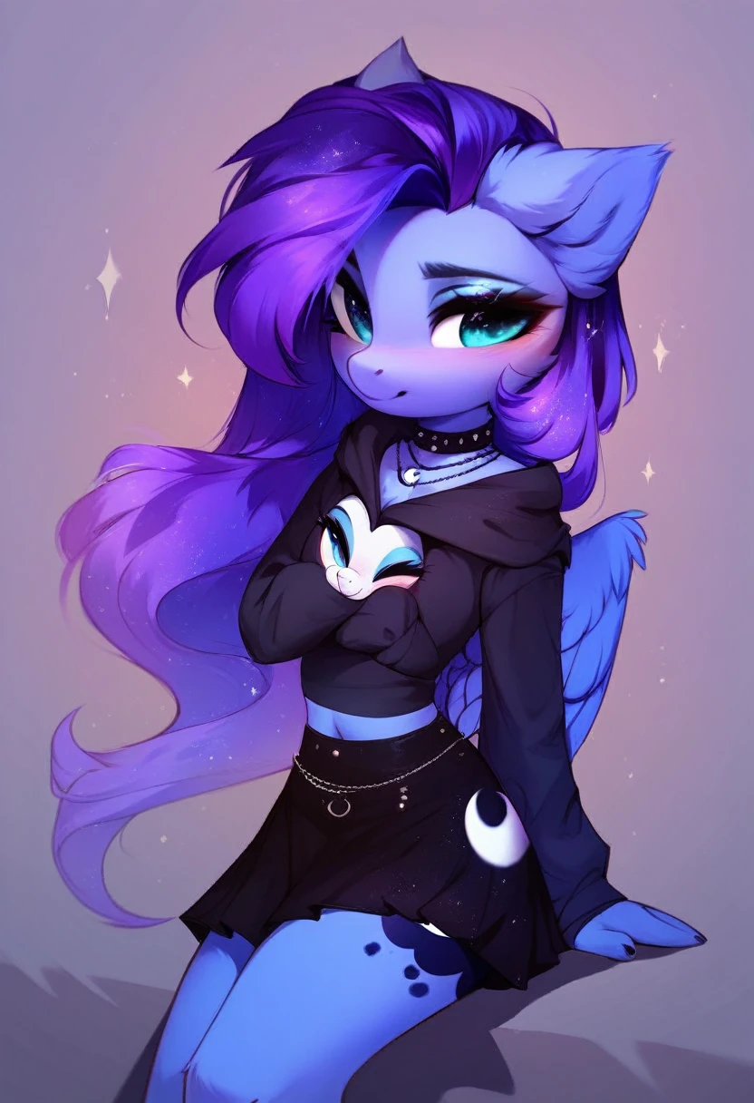 check_9, check_8_up, check_7_up, source_fluffy, rating_safe, from Magnaluna, Luna poses seductively in a gothic bedroom, antro, blushing, blue body, purple mane, black skirt