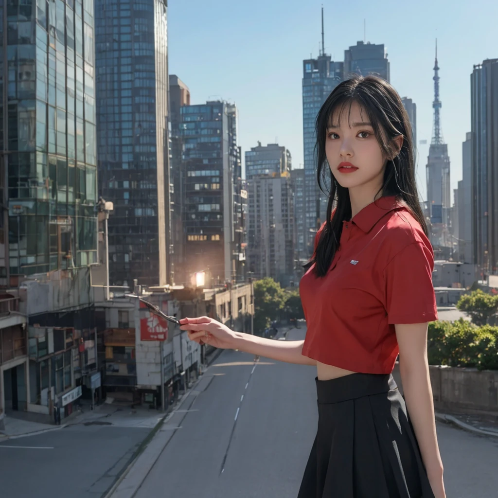 a beautiful young woman with blue-black hair, mid-sized breasts, 5'7" height, green eyes, soft lips, light skin, wearing a red shirt and black skirt, in an anime art style, ultra-high quality, with a city background and a light source coming from the top right