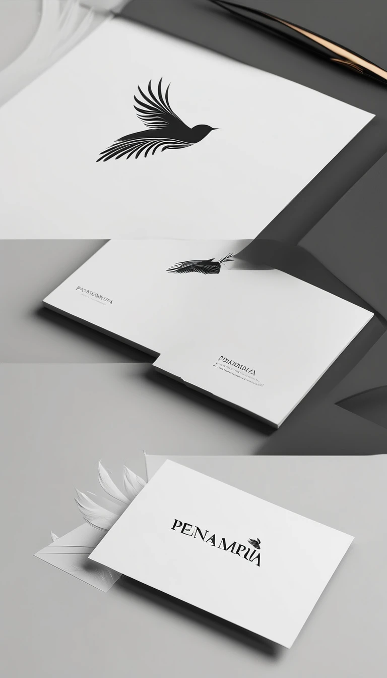 A minimal, modern, simple, cinematic logo design for the brand “Penamemoria". Create a modern, minimalistic, high-quality, logo of a feather-bird