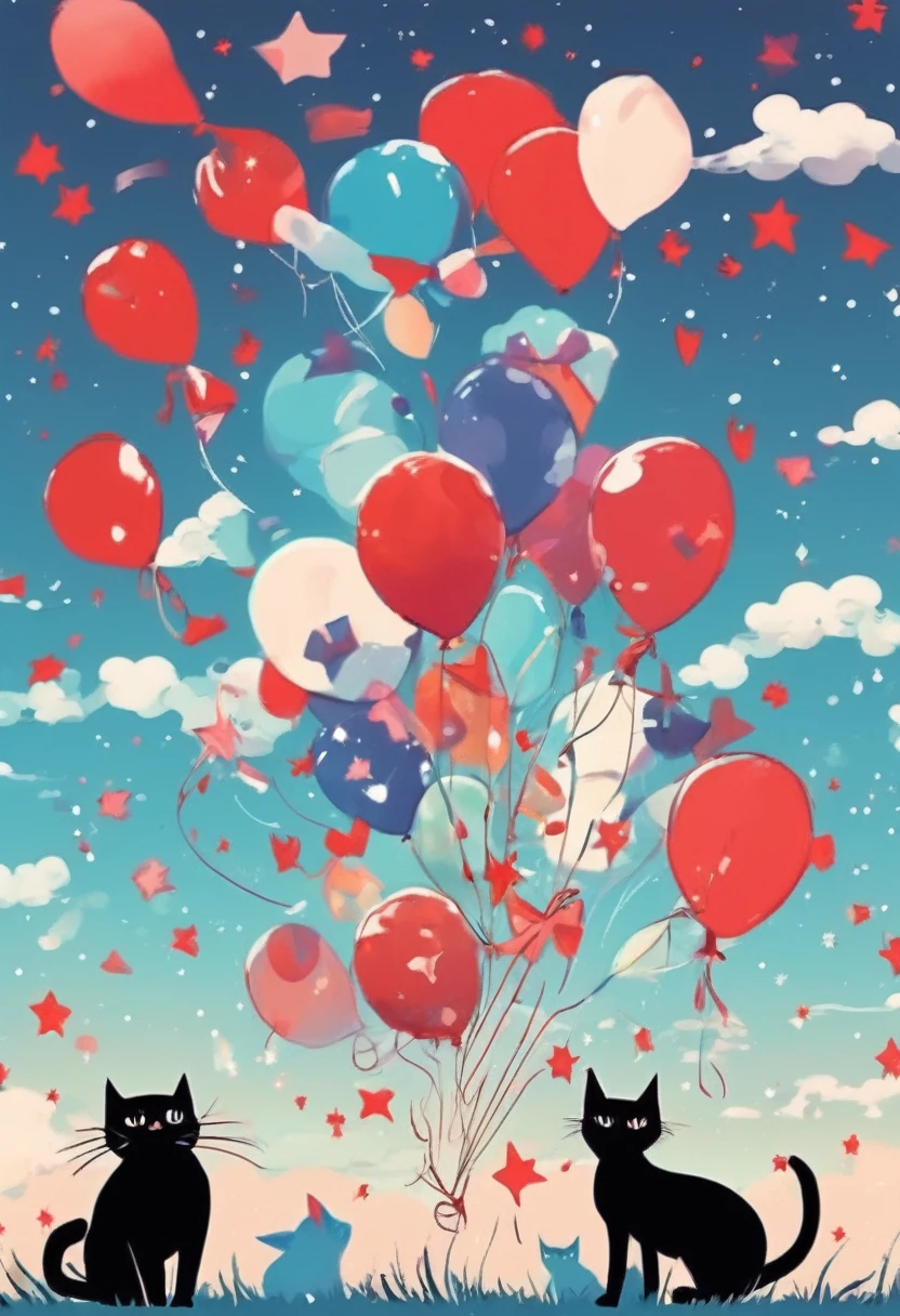 (A bunch of cats with balloons falling from the sky:1.4), Chaotic illustration、Surrealism、sea-blue 、Red and blue gradient, Pastel sky、Starry Sky、Black cat、Three-haired cat、White cat、 Slope background, Slope Sky, moon, 春のRed background, Colorful sky, Starry Sky、 Twilight, Red background, crimson sky, malachite&#39;theme, Pop Surrealism , Highest quality、Texture of drawing paper、Pop Surrealism ポップアート 描画、Fractal Art