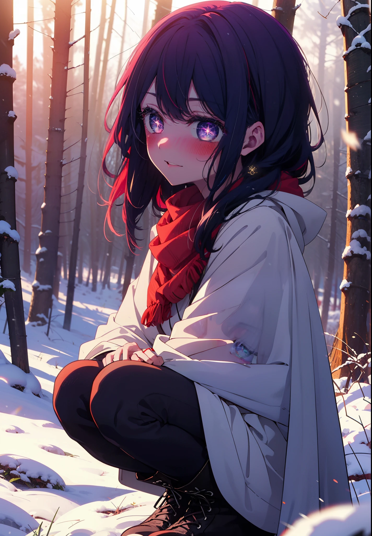 aihoshino, Ai Hoshino, Long Hair, bangs, (Purple eyes:1.1), Purple Hair, (Symbol-shaped pupil:1.5), smile,,smile,blush,White Breath,
Open your mouth,snow,Ground bonfire, Outdoor, boots, snowing, From the side, wood, suitcase, Cape, Blurred, , forest, White handbag, nature, Squat, Mouth closed, Cape, winter, Written boundary depth, Black shoes, red Cape break looking at viewer, Upper Body, whole body, break Outdoor, forest, nature, break (masterpiece:1.2), Highest quality, High resolution, unity 8k wallpaper, (shape:0.8), (Beautiful and beautiful eyes:1.6), Highly detailed face, Perfect lighting, Extremely detailed CG, (Perfect hands, Perfect Anatomy),