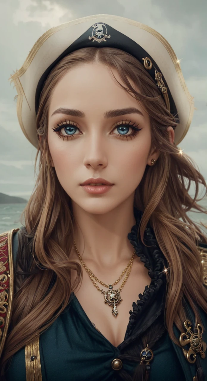 beautiful female pirate with hat, pirate captain, detailed face, beautiful eyes, full lips, long eyelashes, ornate pirate hat, feather in hat, intricate pirate outfit, embroidered coat, shiny jewelry, holding sword, stormy sea background, dramatic lighting, cinematic, vibrant colors, highly detailed, photorealistic