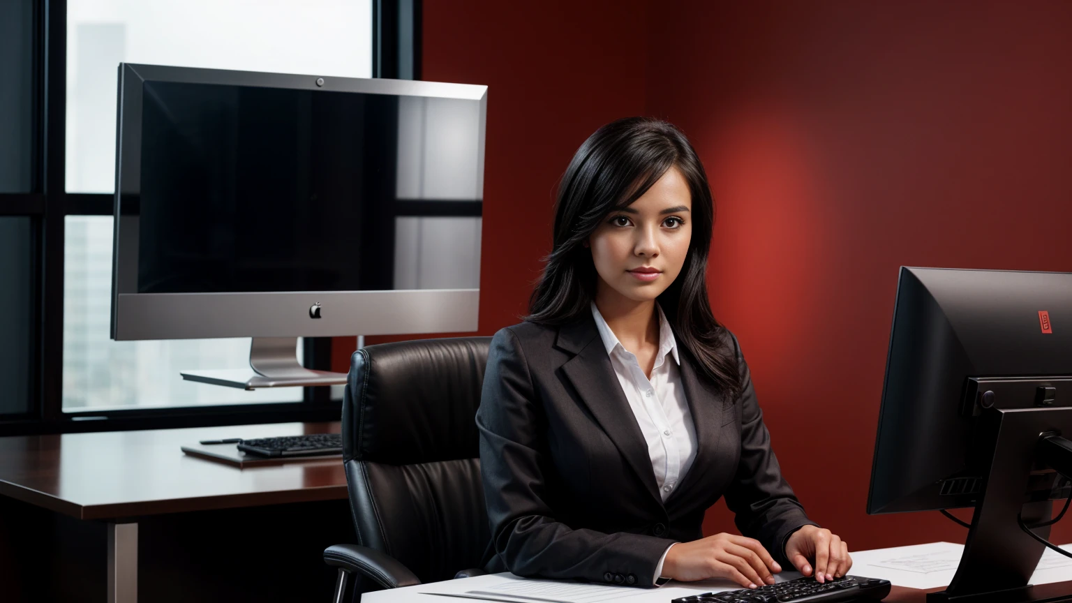 a beautiful girl in a professional office setting, black hair, looking at viewer, elegant red business attire, serious expression, desk with computer, professional and efficient, office supplies, warm lighting, photorealistic, highly detailed, cinematic composition, dramatic lighting, color grading, Rembrandt lighting