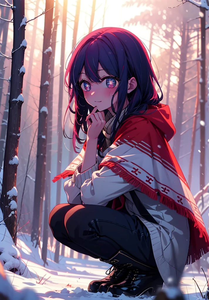 aihoshino, Ai Hoshino, Long Hair, bangs, (Purple eyes:1.1), Purple Hair, (Symbol-shaped pupil:1.5), smile,,smile,blush,White Breath,
Open your mouth,snow,Ground bonfire, Outdoor, boots, snowing, From the side, wood, suitcase, Cape, Blurred, , forest, White handbag, nature,  Squat, Mouth closed, Cape, winter, Written boundary depth, Black shoes, red Cape break looking at viewer, Upper Body, whole body, break Outdoor, forest, nature, break (masterpiece:1.2), Highest quality, High resolution, unity 8k wallpaper, (shape:0.8), (Beautiful and beautiful eyes:1.6), Highly detailed face, Perfect lighting, Extremely detailed CG, (Perfect hands, Perfect Anatomy),