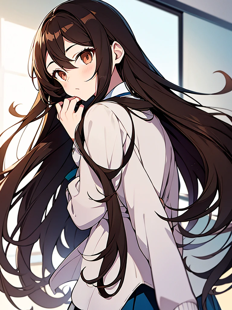 Anime girl with long brown hair.
with brown eyes in a white background.
she wears the classroom uniform of the elite which is standing
