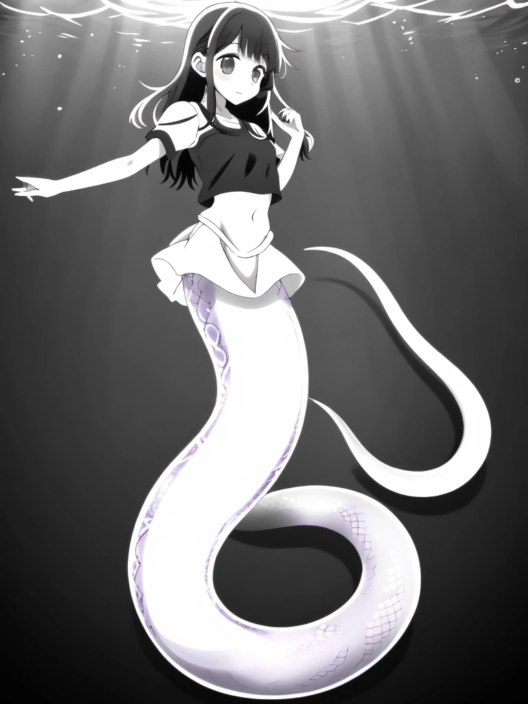 (mermaid:1.0), eel tail, full body, midriff shirt, beautiful perfect symmetrical face, beautiful cute anime ager girl, full body, monochrome, comic styled, under the sea