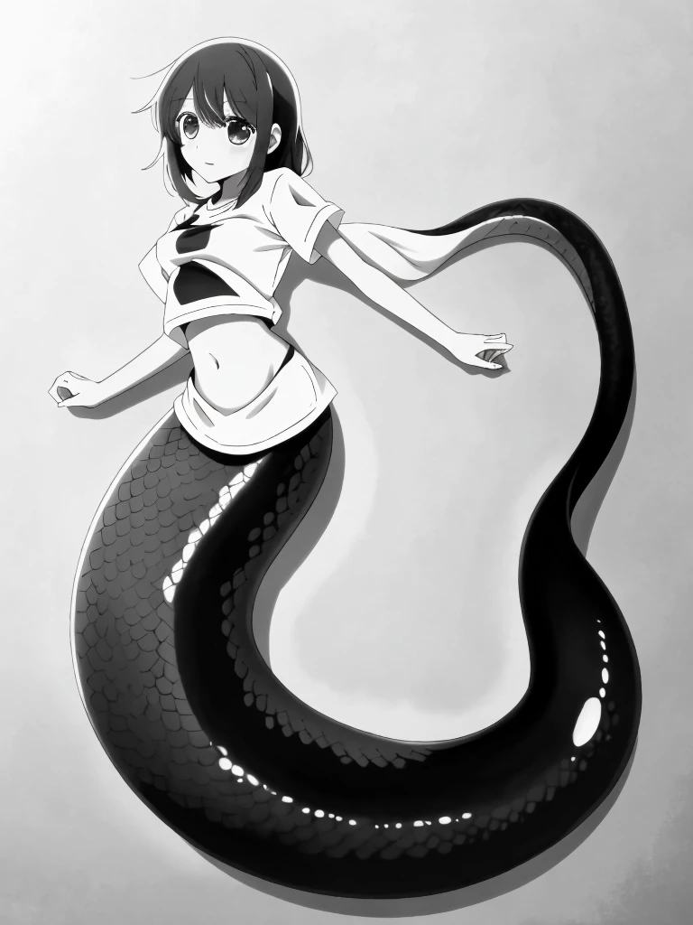(mermaid:1.0), eel tail, full body, midriff shirt,  beautiful perfect symmetrical face, beautiful cute anime teenager girl, full body, monochrome, comic styled, under the sea