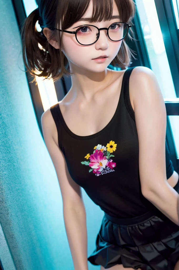 (masterpiece, Highest quality, It captures a very cute moment, Depth of written boundary, Super detailed, Ultra-high resolution, C4D, Octadale, 3D Modeling,Realistic human photos、 8K, 16K, One Girl,Middle school students, Small breasts,Black Hair,short hair,Straight Hair,Light brown eyes,White headband,Wearing black glasses,Cute face), Bloomers, Black tank top, zettai ryouiki, Wet clothes,Classroom Nights,Moonlight, Good elevator, Take off、Real-life skin、Not an anime、Realistic、Not an illustration