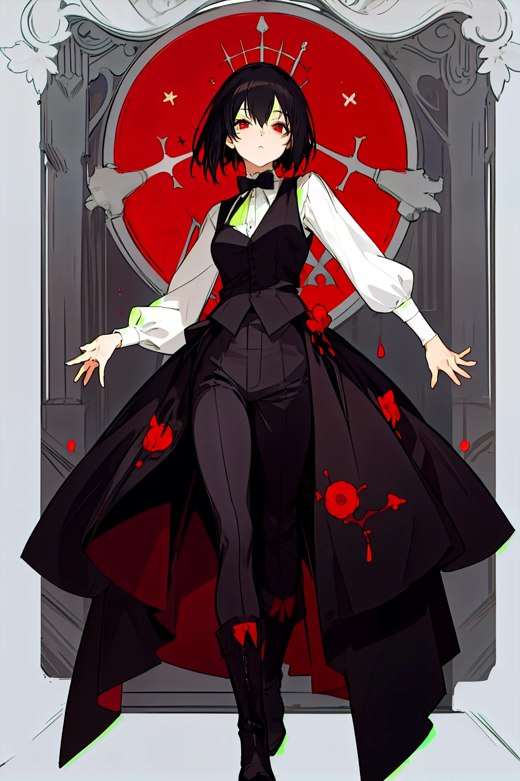 Mature girl, anime female character, short black hair, bangs, red eyes, vest, boots, full body shot, pose, elegant, bangs, ouji fashion, "Black Butler" inspired outfit., anime, Gothic art, anime, Gothic art, masterpiece, anatomically correct, accurate, high details, highres, 4K, 8K, highres, 1080P, super detail, masterpiece, anatomically correct
