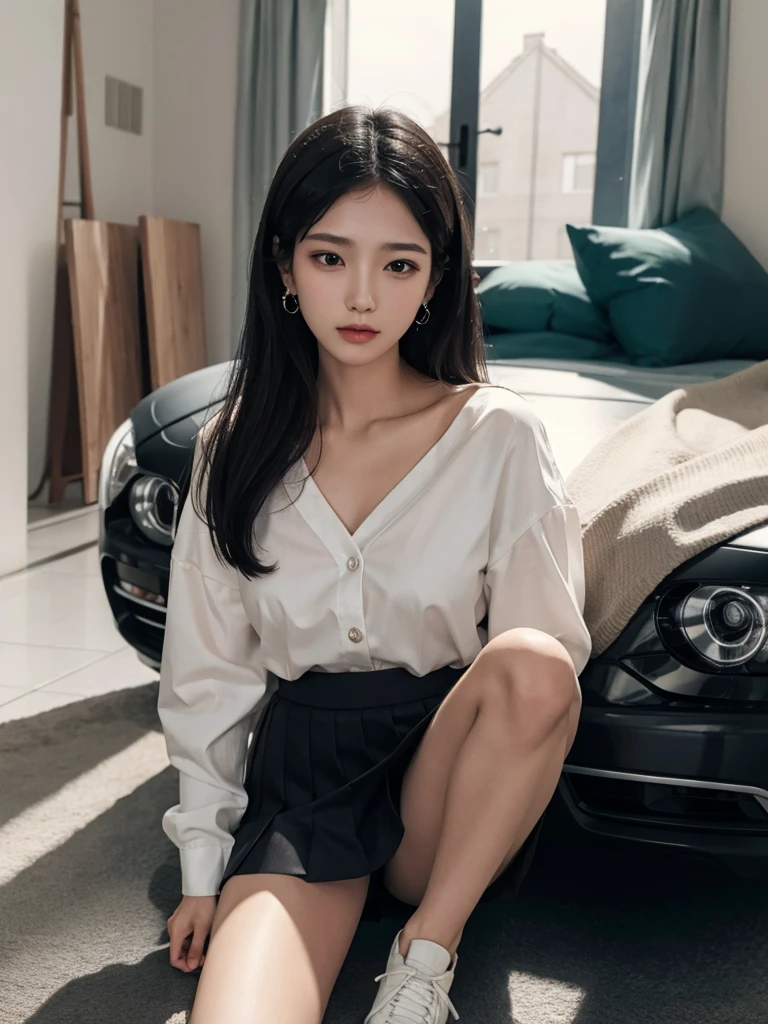 absurdres, RAW photo, extremely delicate and beautiful, masterpiece, Best Quality, ultra high resolution, 32k, hyperrealistic, ultra-detailed, perfect figure, in her 20s, very small head, very small face, delicate facial features, tearful mole, earring, huge breasts, legs, full body shot, medium hair, black hair, sweat, school_uniform,