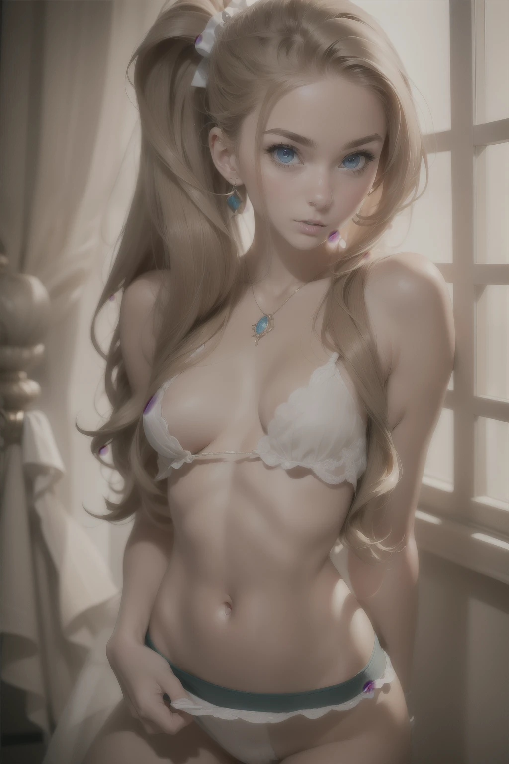  ((best quality)), ((masterpiece)), (detailed), NSFW, small breasts, prominent collarbones, skinny arms, flat stomach, visible hip bones, long hair, red hair, white hair, blonde hair, dark hair, ponytail, thick ponytail, heavy ponytail, Realistic Shadows, Detailed skin, Very small breasts, Hair Ribbon, Very detailed, highly detailed face, Perfect face shape, Perfect lips, Perfect nose, Correct beautiful eyes, Watching Viewer, Best Quality, Single Girl, No bra, No panties, Solo 