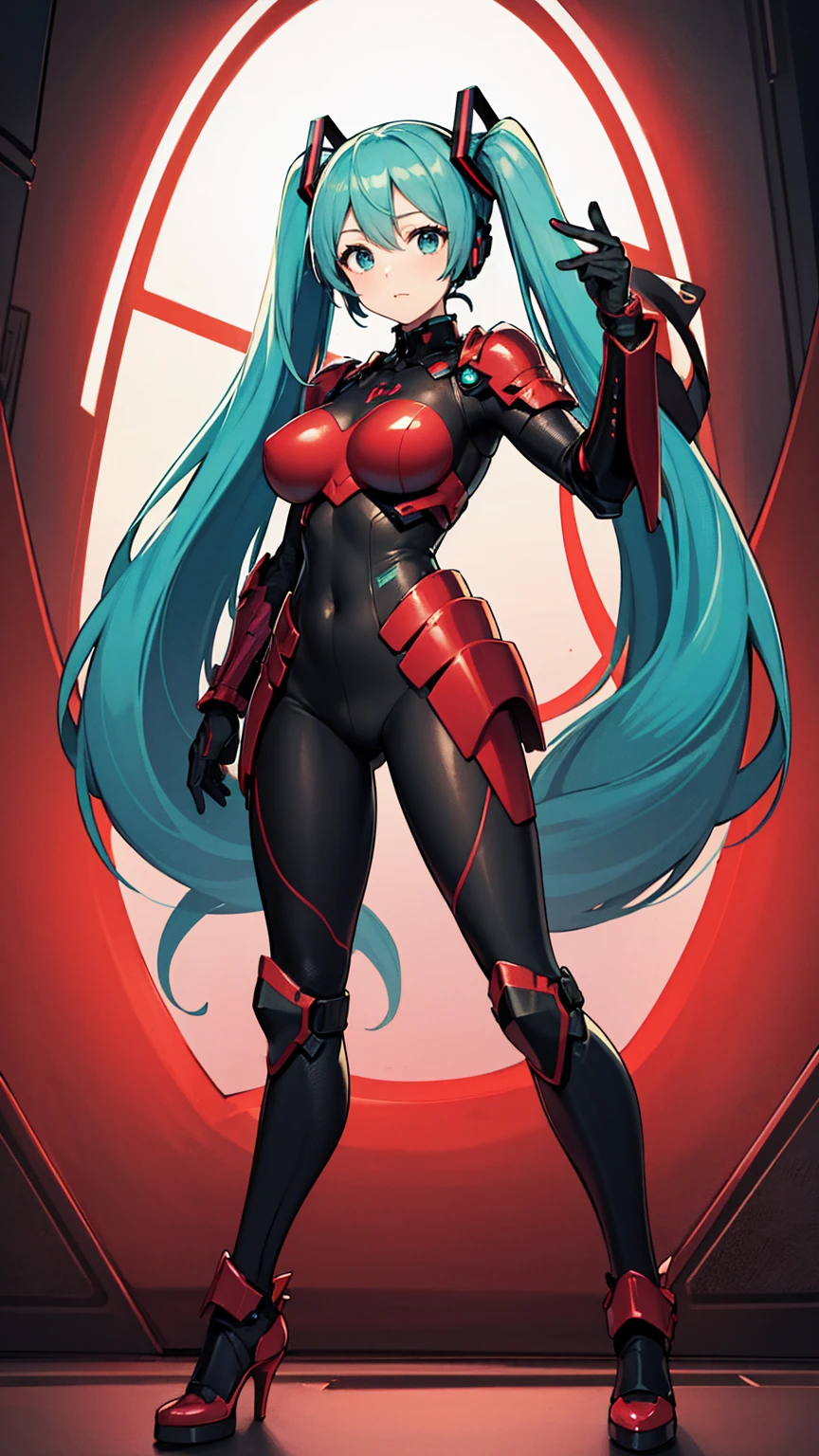 Hatsune Miku Vocaloid, whole body, ((Red and black body armor)), Big Breasts, High heels,cyber punk, Heavy Armor、Highest quality、Highest quality、8K Illustration