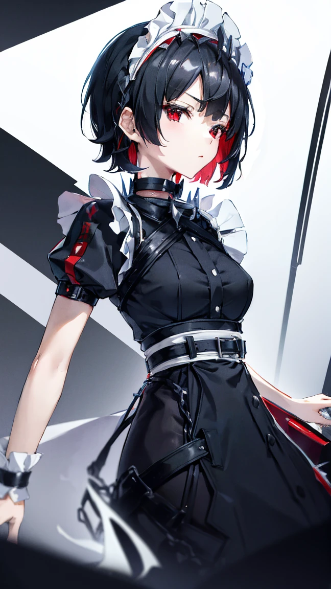 High resolution,high resolution,Girl,Black Hair,Short Hair,Red Eyes,Slanted Eyes,Bad mood,boyish,slender,Toned body,,,Maid clothes,Starry Sky,choker,,