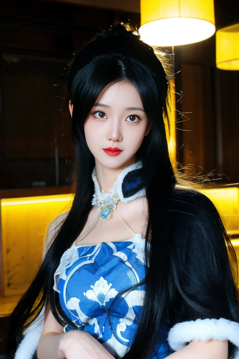 best quality, tmasterpiece,Ultra-high resolution,Clear face,(Reality:1.4),ferpect lighting,((upper body:1.5)), (photorealistic:1.50), anime wallpaper, Guviz style artwork, cover-up fantasy up to magic , by Yang J, Guviz, beautiful artwork illustration, beautiful digital artwork, beautiful digital illustration, Li Song, beautiful anime portrait, art style in Beauvot, 1girl, 独奏,cosplay, looking at the audience,
long hair, black hair, hair bun, blue eyes, Chinese dress,
outdoor, photo background, grassland, park, standing, night sky,