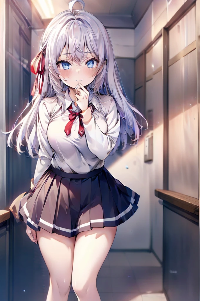 Alisa Mikhailovna Kujou、blush,smile、Silver Hair、Blue Eyes、uniform、Red ribbon、Ahoge、Usual hairstyle、Beautiful legs、Full body view、Highest quality, High resolution, unity 8k wallpaper, (shape:0.8), (Beautiful and beautiful eyes:1.6), Highly detailed face, Perfect lighting, Highly detailed CG, (Perfect hands, Perfect Anatomy),