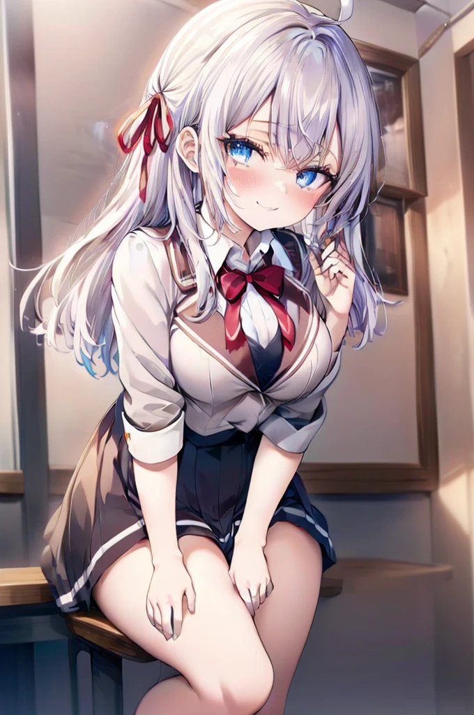 Alisa Mikhailovna Kujou、blush,smile、Silver Hair、Blue Eyes、uniform、Red ribbon、Ahoge、Usual hairstyle、Beautiful legs、Full body view、Highest quality, High resolution, unity 8k wallpaper, (shape:0.8), (Beautiful and beautiful eyes:1.6), Highly detailed face, Perfect lighting, Highly detailed CG, (Perfect hands, Perfect Anatomy),