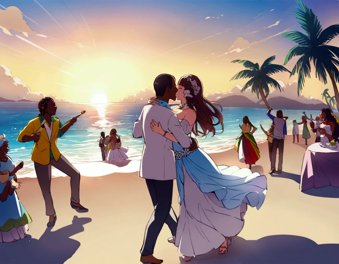 「Imagine a Caribbean sunset under palm trees., With a reggae band playing. People dancing to music々Shooting, Brightly dressed Rastafarian style. Depict the ocean breeze blowing through, Create a fun atmosphere.”