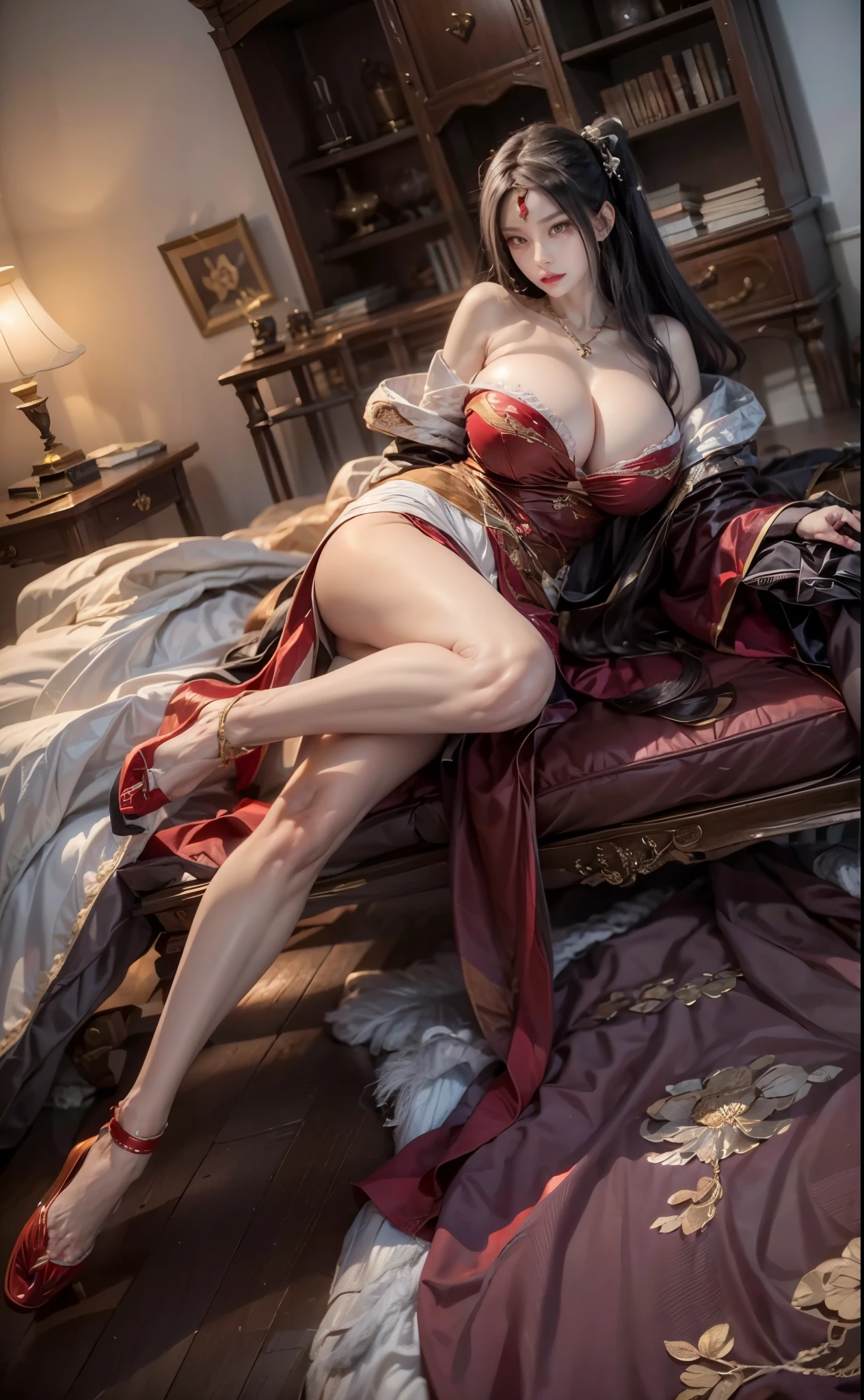 realistic, 1 women, best quality, 12k, HD, long hair, (big round breasts:1.5), cleavage, ponytail, necklace, jewelry, shorts, short jacket, slim hips, hair tie, yellow eyes, black hair, super detailed, Eye details, hair details, person details, mouth details, face details, breast details, clothes details, hair details, pants details, hand details, whole body