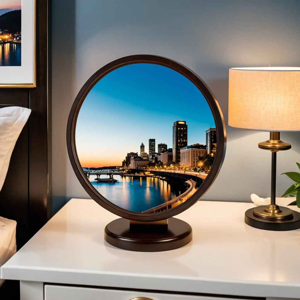 a photo of a picture in a round frame on a nightstand