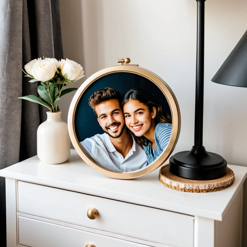 a photo of a picture in a round frame on a nightstand