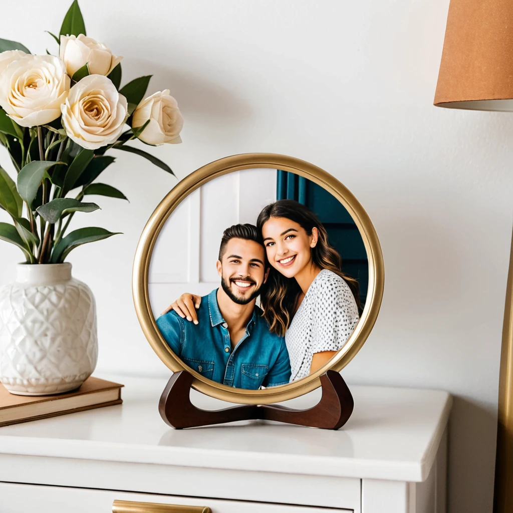 a photo of a picture in a round frame on a nightstand