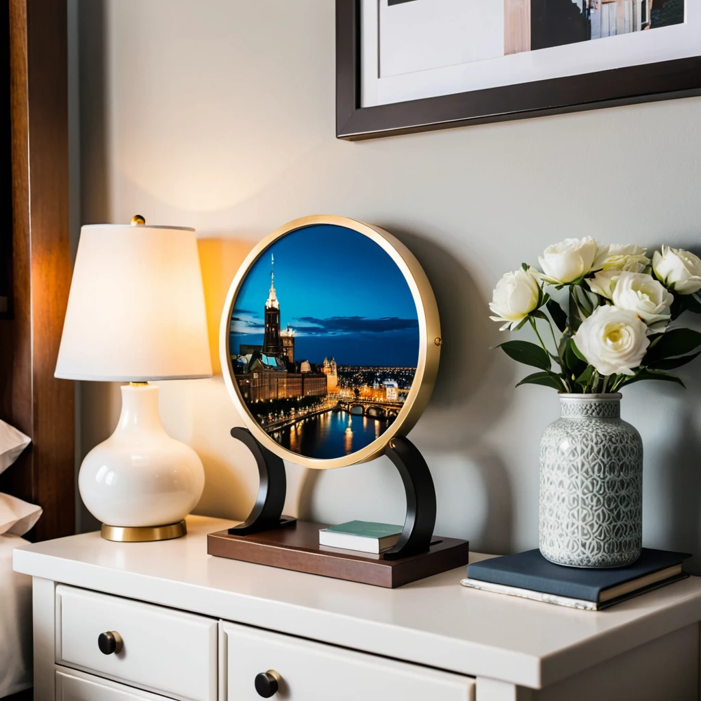 a photo of a picture in a round frame on a nightstand