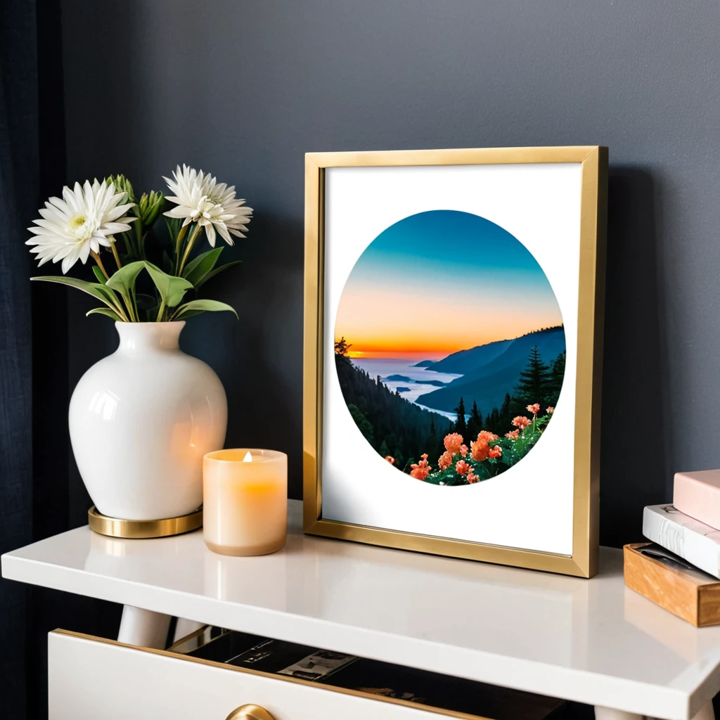 a photo of a picture in a round frame on a nightstand