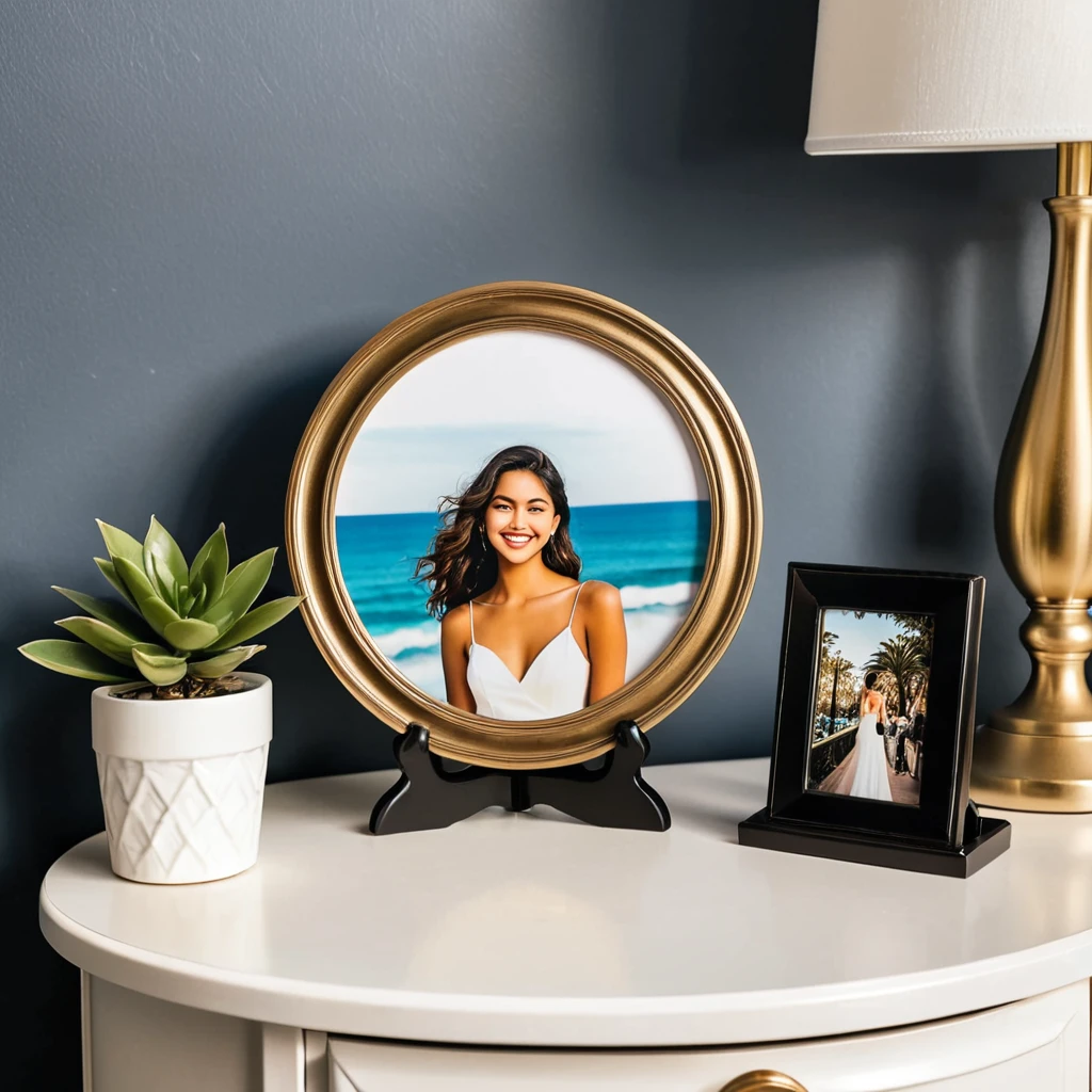 a photo of a picture in a round frame on a nightstand