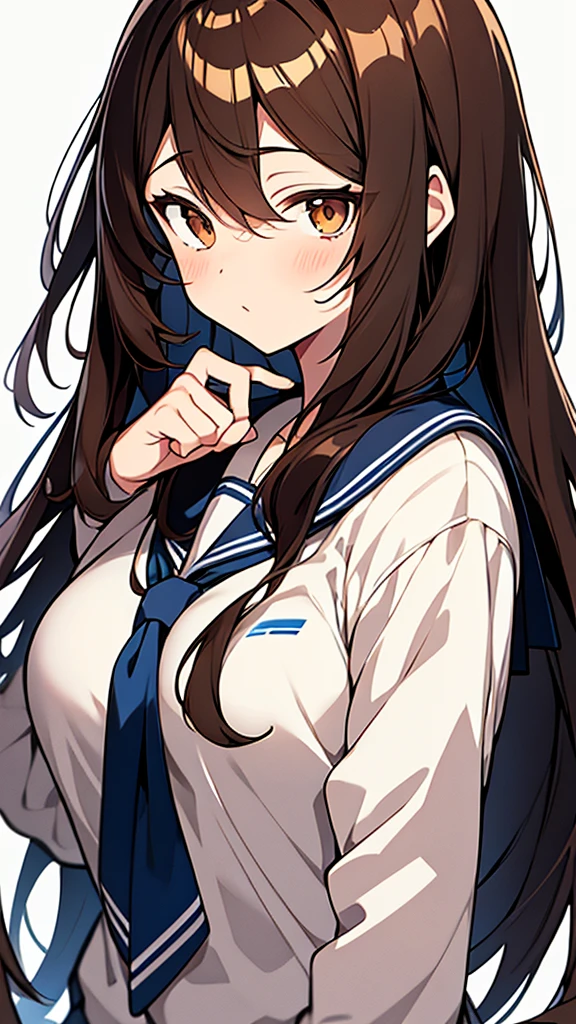 Anime girl with long brown hair.
with brown eyes in a white background.
she wears the classroom uniform of the elite which is standing