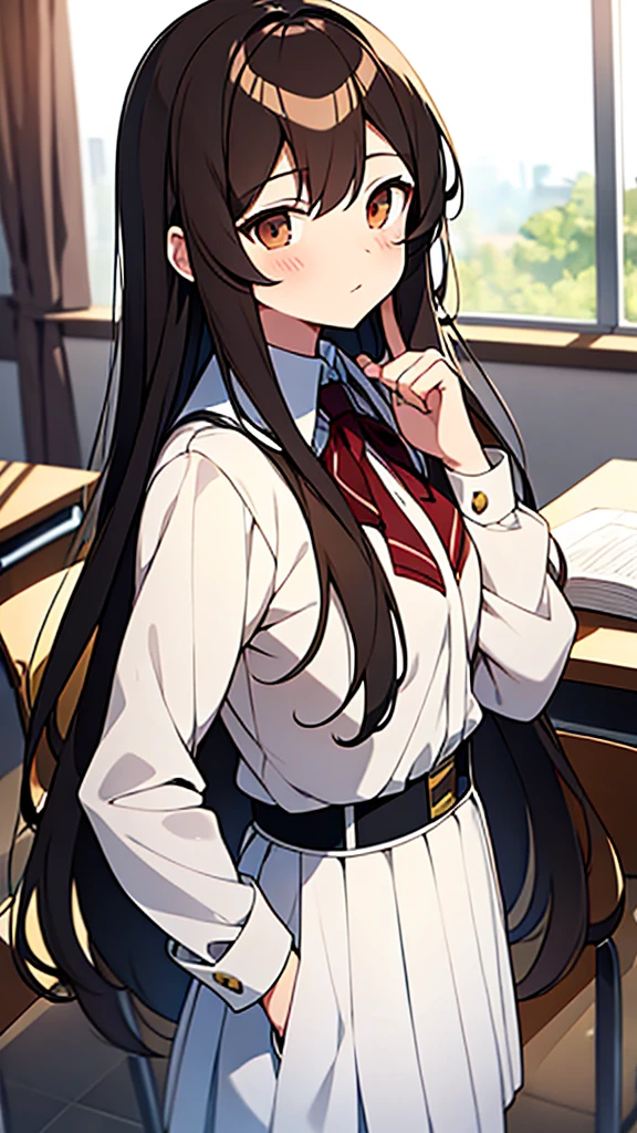 Anime girl with long brown hair.
with brown eyes in a white background.
she wears the classroom uniform of the elite which is standing