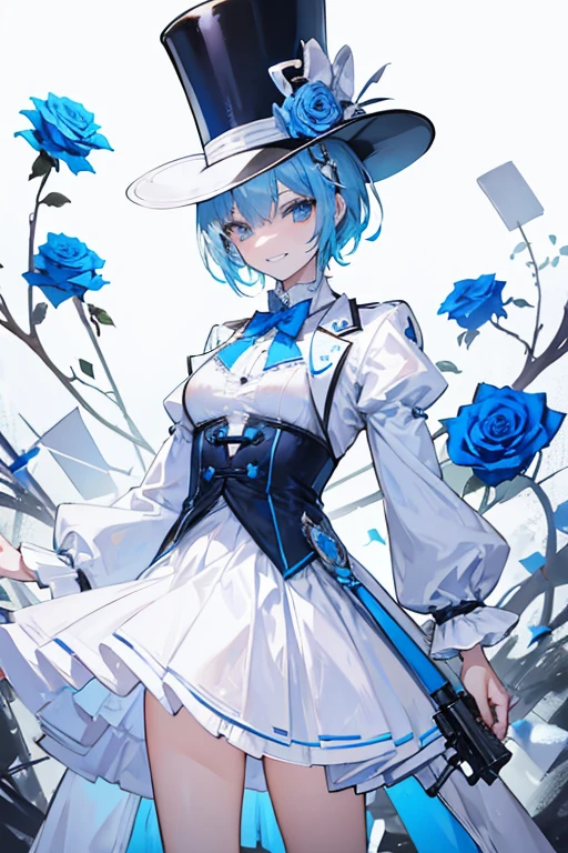 Crossdresser Light blue hair Holding a gun in each hand Grin White top hat decorated with blue roses White suit short hair