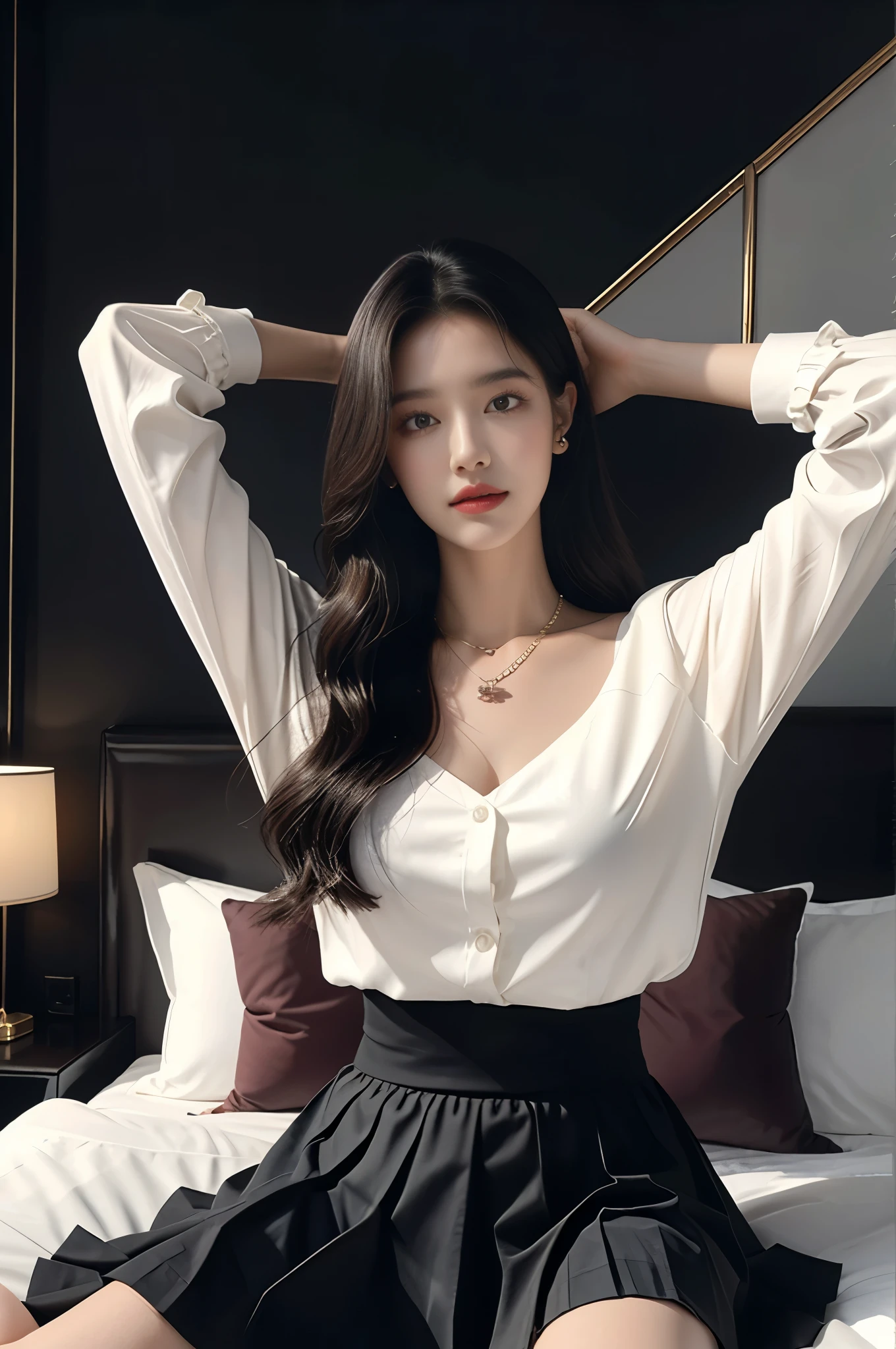 1 woman, Raise your arms, bed, Black color_hair, big bust, brown_eye, earring, bijouterie, soft lips, L~tog_hair, looking for_~to_viewer, assembly,big bust, necklace, ~to_bed, seat, raise a skirt, laugh, Spread your legs and make a disgusted expression