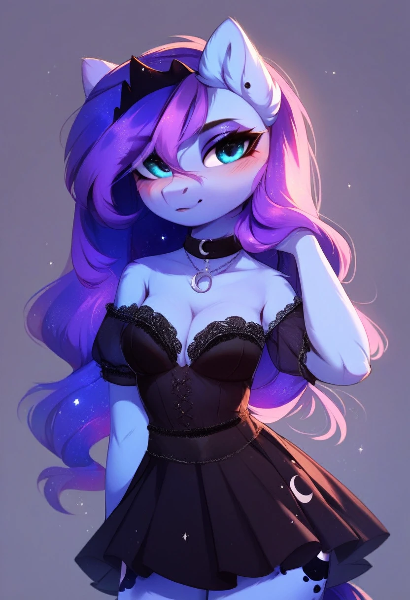 check_9, check_8_up, check_7_up, source_fluffy, rating_safe, from Magnaluna, Luna poses seductively in a gothic bedroom, antro, blushing, blue body, purple mane, black lingerie skirt 