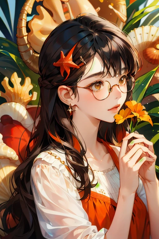 Absurd, High resolution, Super detailed, One girl, alone, Very fine grain, Starfish, seashell, shell, flower, Have, hair ornaments, jewelry, straw Have, View your viewers, sunglasses, Have flower, straw, Hair Clip, earrings, red flower, Colored glasses, yellow flower, bangs, English text, Multicolored Hair, orange flower, Black Hair, ring, cup, Long Hair, orange-Colored glasses, food, Brown Hair, Portraiture, shell hair ornaments