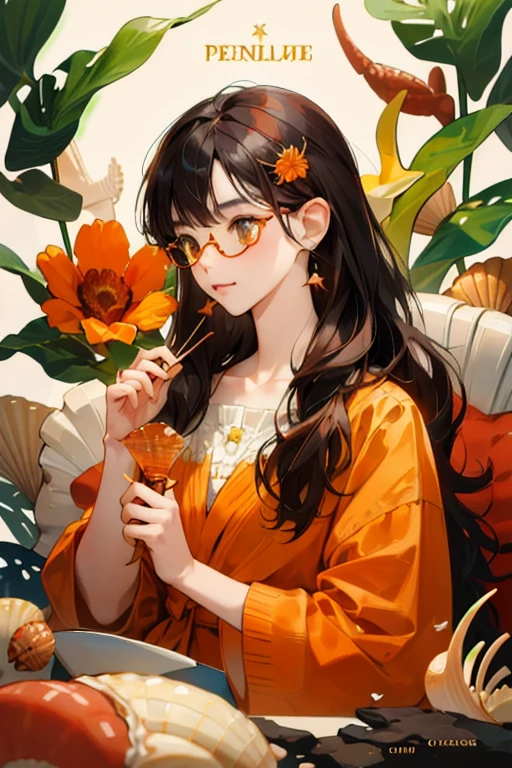 Absurd, High resolution, Super detailed, One girl, alone, Very fine grain, Starfish, seashell, shell, flower, Have, hair ornaments, jewelry, straw Have, View your viewers, sunglasses, Have flower, straw, Hair Clip, earrings, red flower, Colored glasses, yellow flower, bangs, English text, Multicolored Hair, orange flower, Black Hair, ring, cup, Long Hair, orange-Colored glasses, food, Brown Hair, Portraiture, shell hair ornaments