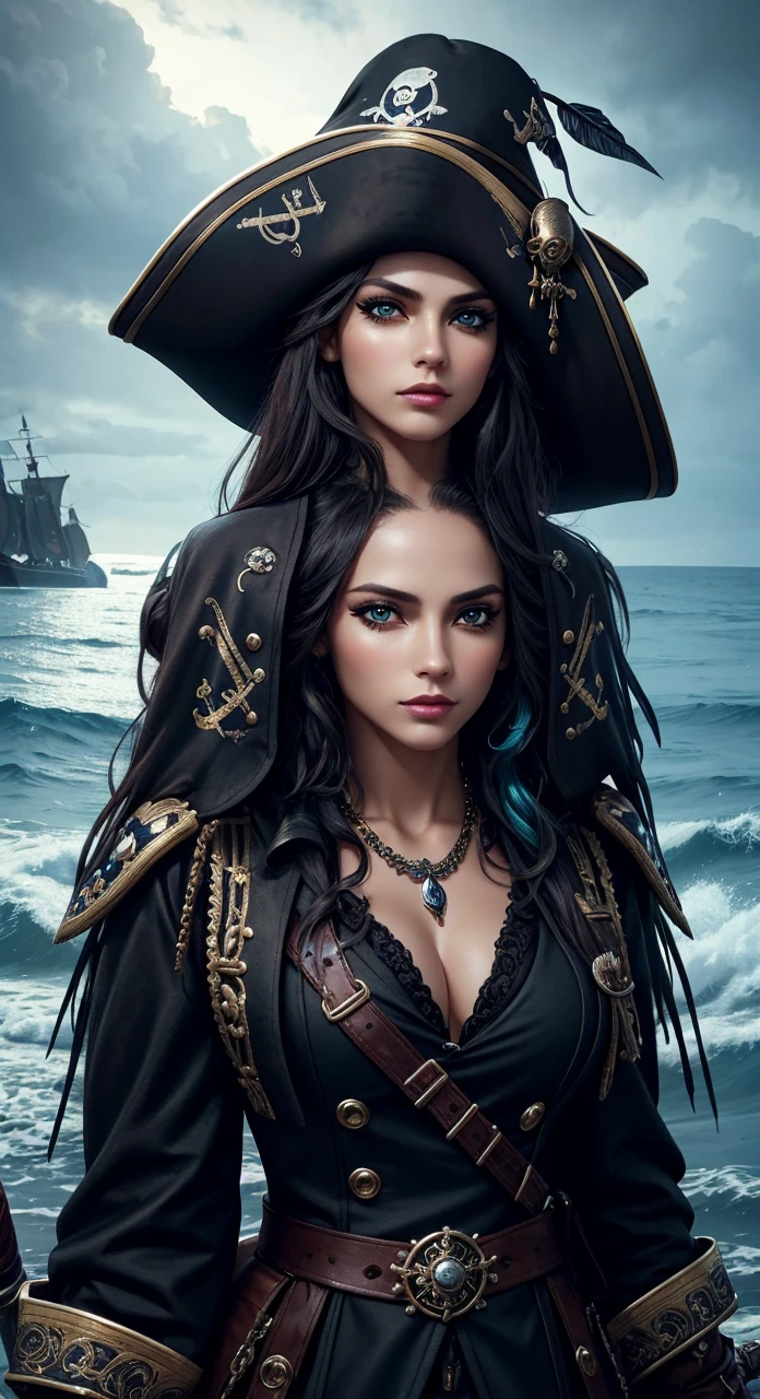 beautiful female pirate with hat, pirate captain, detailed face, beautiful eyes, full lips, long eyelashes, ornate pirate hat, feather in hat, intricate pirate outfit, embroidered coat, shiny jewelry, holding sword, stormy sea background, dramatic lighting, cinematic, vibrant colors, highly detailed, photorealistic
