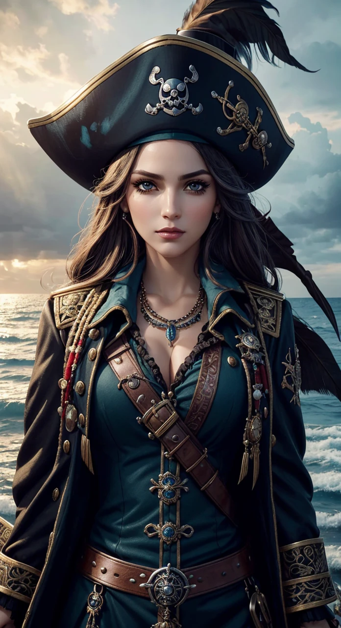 beautiful female pirate with hat, pirate captain, detailed face, beautiful eyes, full lips, long eyelashes, ornate pirate hat, feather in hat, intricate pirate outfit, embroidered coat, shiny jewelry, holding sword, stormy sea background, dramatic lighting, cinematic, vibrant colors, highly detailed, photorealistic