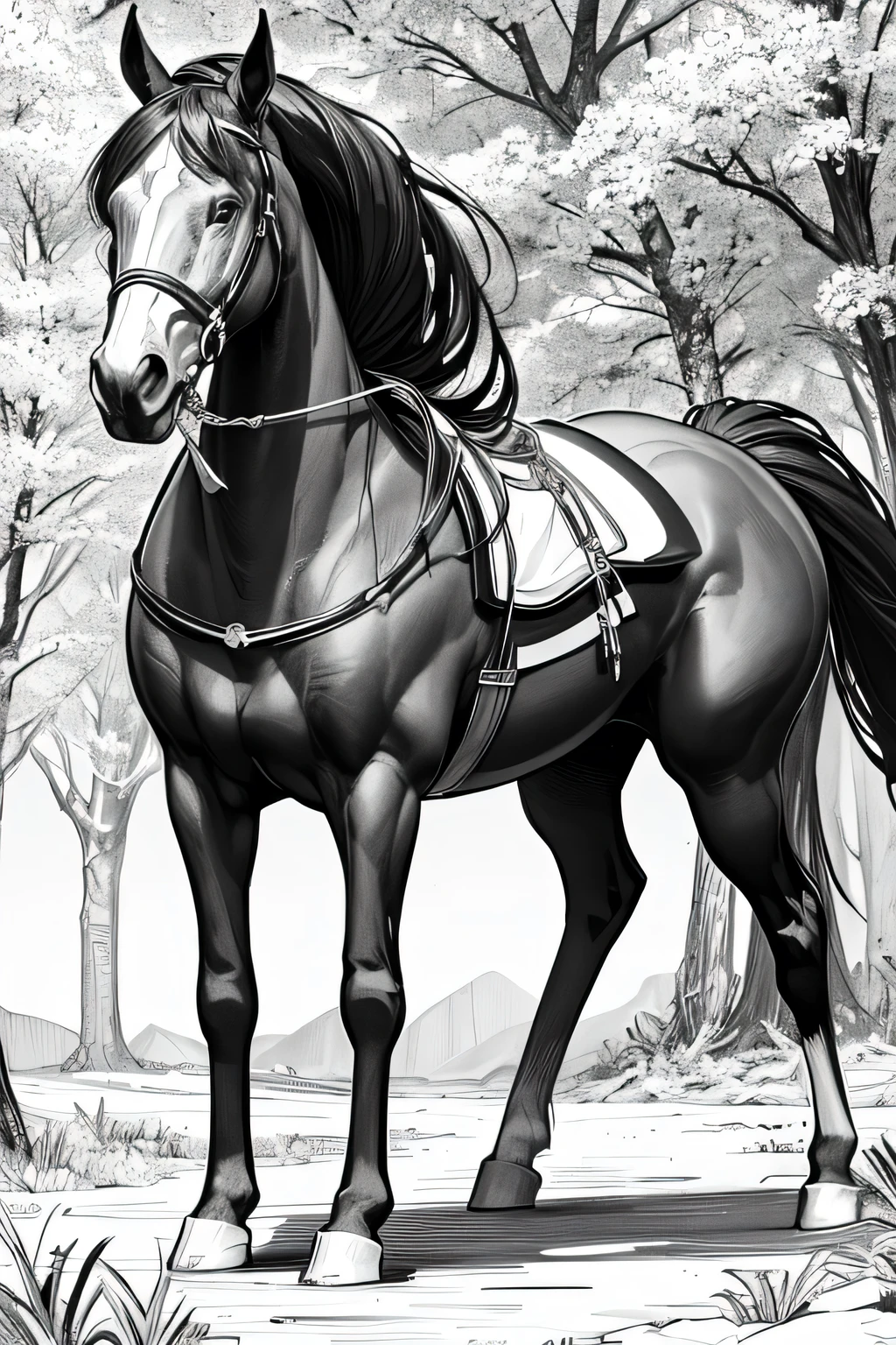 coloring image, fairy tail, horse, stunning beautiful nature all around, crisp and sharp lines, black and white, white background, Hd, 4K, no humans, ((sketch)), children coloring book, coloring image for children, easy