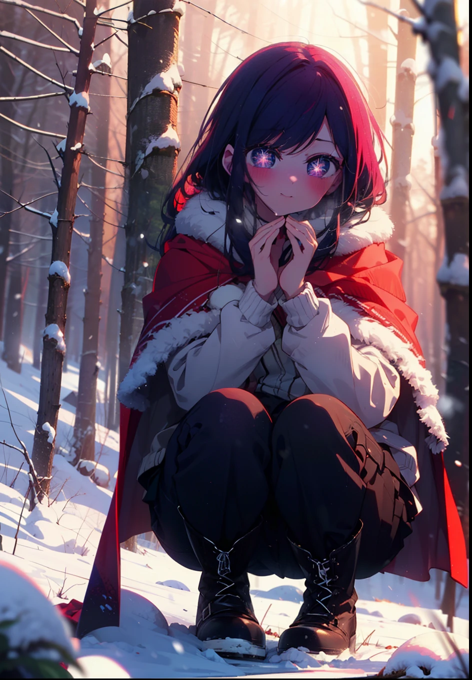 aihoshino, Ai Hoshino, Long Hair, bangs, (Purple eyes:1.1), Purple Hair, (Symbol-shaped pupil:1.5), smile,,smile,blush,White Breath,
Open your mouth,snow,Ground bonfire, Outdoor, boots, snowing, From the side, wood, suitcase, Cape, Blurred, , forest, White handbag, nature, Squat, Mouth closed, Cape, winter, Written boundary depth, Black shoes, red Cape break looking at viewer, Upper Body, whole body, break Outdoor, forest, nature, break (masterpiece:1.2), Highest quality, High resolution, unity 8k wallpaper, (shape:0.8), (Beautiful and beautiful eyes:1.6), Highly detailed face, Perfect lighting, Extremely detailed CG, (Perfect hands, Perfect Anatomy),