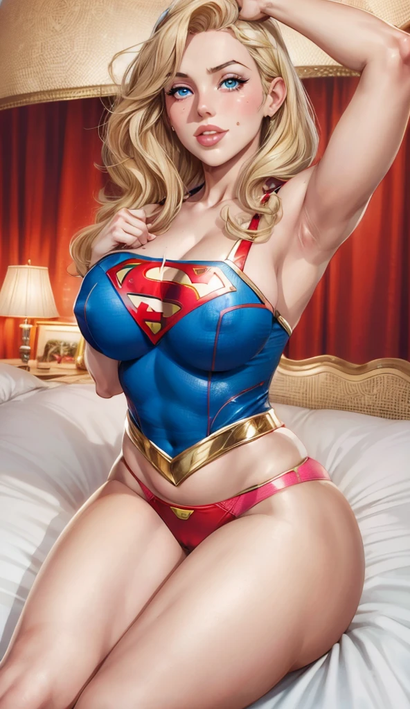 a girl, supergirl, top views, young marilyn monroe as supergirl, blond,long hair,blue eyes,beautiful eyes,smile,expression,lively expressions,detailed facial description,rich in details,blue tight camisole,red s logo on chest, huge breasts, the areola is clear,the are huge,, convexity, bulges,huge ass, camel toe clear,big legs, plump body,red triangle thong,high heel boots。top of a skyscraper,fly in the air,rich in details