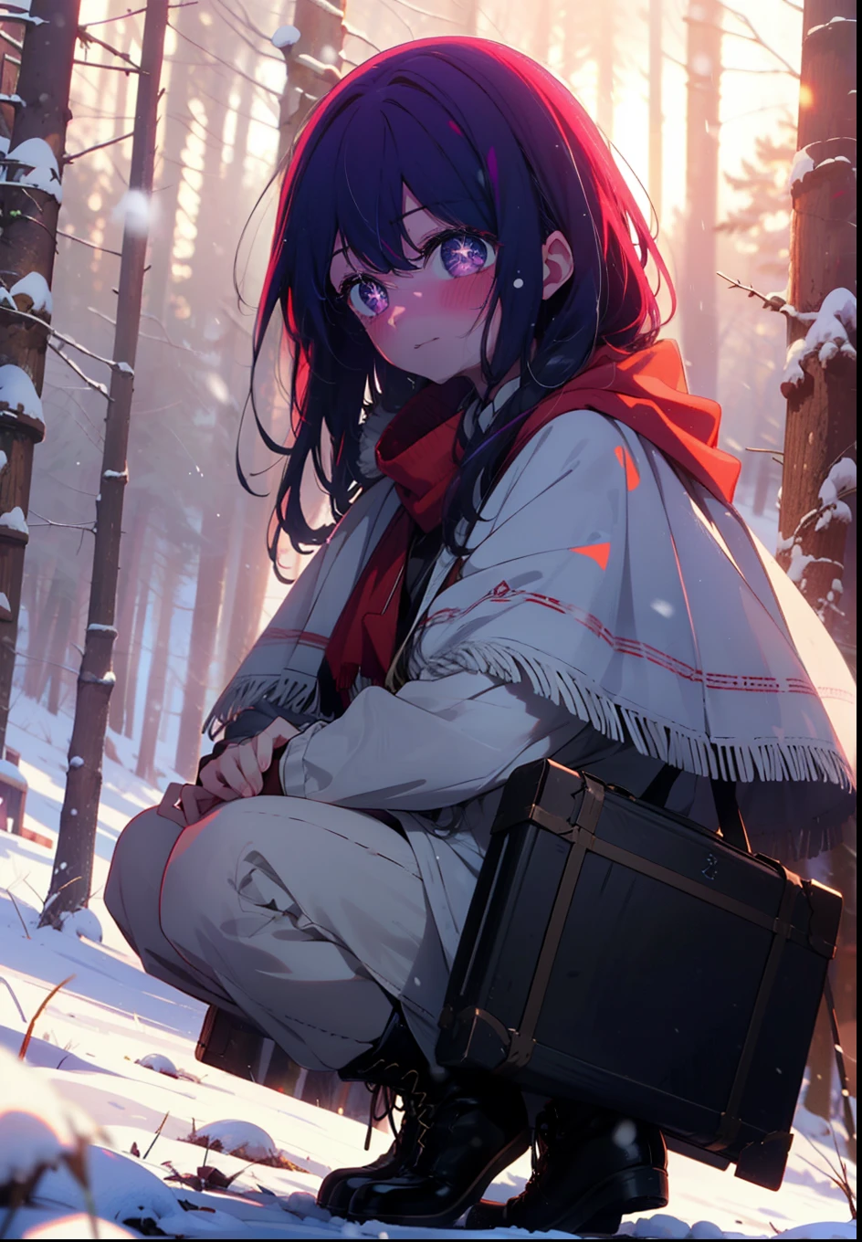 aihoshino, Ai Hoshino, Long Hair, bangs, (Purple eyes:1.1), Purple Hair, (Symbol-shaped pupil:1.5), smile,,smile,blush,White Breath,
Open your mouth,snow,Ground bonfire, Outdoor, boots, snowing, From the side, wood, suitcase, Cape, Blurred, , forest, White handbag, nature, Squat, Mouth closed, Cape, winter, Written boundary depth, Black shoes, red Cape break looking at viewer, Upper Body, whole body, break Outdoor, forest, nature, break (masterpiece:1.2), Highest quality, High resolution, unity 8k wallpaper, (shape:0.8), (Beautiful and beautiful eyes:1.6), Highly detailed face, Perfect lighting, Extremely detailed CG, (Perfect hands, Perfect Anatomy),