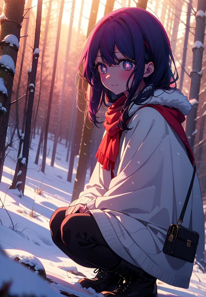 aihoshino, Ai Hoshino, Long Hair, bangs, (Purple eyes:1.1), Purple Hair, (Symbol-shaped pupil:1.5), smile,,smile,blush,White Breath,
Open your mouth,snow,Ground bonfire, Outdoor, boots, snowing, From the side, wood, suitcase, Cape, Blurred, , forest, White handbag, nature, Squat, Mouth closed, Cape, winter, Written boundary depth, Black shoes, red Cape break looking at viewer, Upper Body, whole body, break Outdoor, forest, nature, break (masterpiece:1.2), Highest quality, High resolution, unity 8k wallpaper, (shape:0.8), (Beautiful and beautiful eyes:1.6), Highly detailed face, Perfect lighting, Extremely detailed CG, (Perfect hands, Perfect Anatomy),