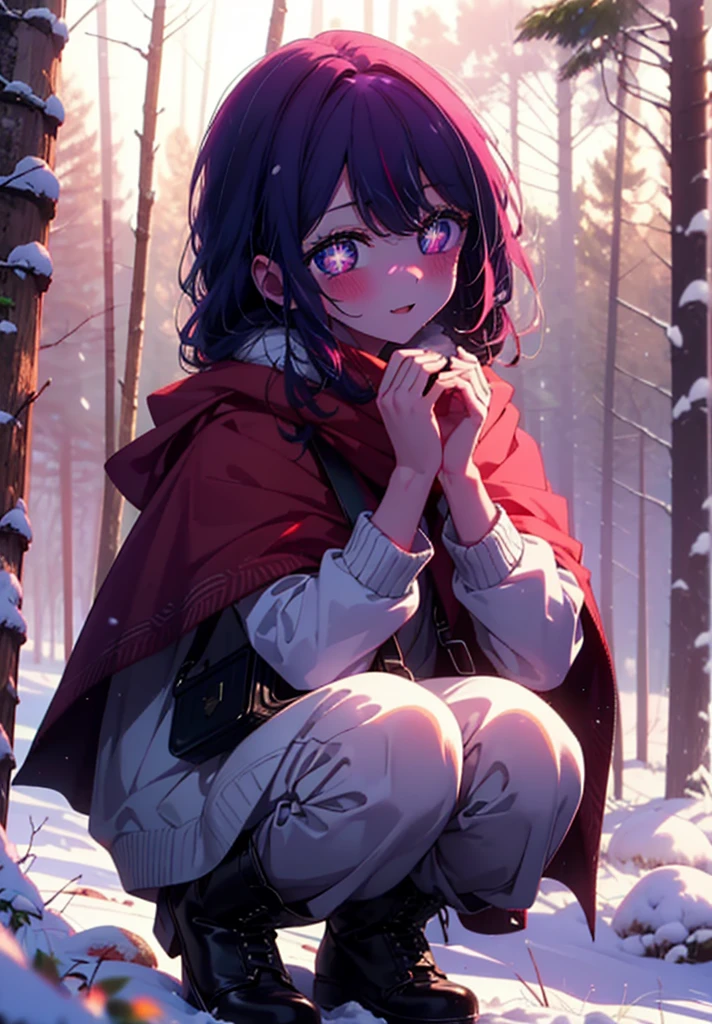 aihoshino, Ai Hoshino, Long Hair, bangs, (Purple eyes:1.1), Purple Hair, (Symbol-shaped pupil:1.5), smile,,smile,blush,White Breath,
Open your mouth,snow,Ground bonfire, Outdoor, boots, snowing, From the side, wood, suitcase, Cape, Blurred, , forest, White handbag, nature, Squat, Mouth closed, Cape, winter, Written boundary depth, Black shoes, red Cape break looking at viewer, Upper Body, whole body, break Outdoor, forest, nature, break (masterpiece:1.2), Highest quality, High resolution, unity 8k wallpaper, (shape:0.8), (Beautiful and beautiful eyes:1.6), Highly detailed face, Perfect lighting, Extremely detailed CG, (Perfect hands, Perfect Anatomy),