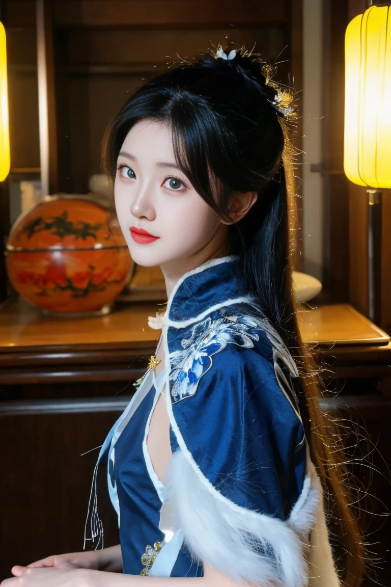 best quality, tmasterpiece,Ultra-high resolution,Clear face,(Reality:1.4),ferpect lighting,((upper body:1.5)), full body, (photorealistic:1.50), anime wallpaper, Guviz style artwork, cover-up fantasy up to magic , by Yang J, Guviz, beautiful artwork illustration, beautiful digital artwork, beautiful digital illustration, Li Song, beautiful anime portrait, art style in Beauvot, 1girl, 独奏,cosplay, looking at the audience,
long hair, black hair, hair bun, blue eyes, Chinese dress,
outdoor, photo background, grassland, park, standing, night sky,
