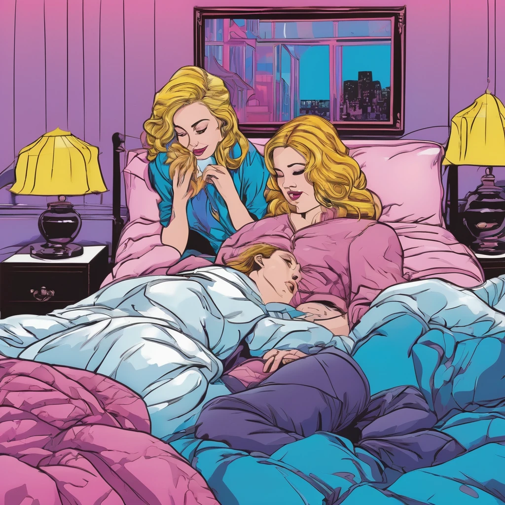 A cartoon image depicts a man and a woman in a bed. The man is wearing a belt and the woman is wearing high heels. Various pillows are scattered around the bed, with one pink pillow next to the woman. The woman has long blonde hair and is laying down on the bed. In the background, there is a mirror reflecting the scene. The overall color scheme includes shades of pink, purple, and blue. The woman appears to be young, around 22 years old, and the image conveys a sense of intimacy and playfulness between the couple. The text on the image reads "Am I doing it right? Harder. patreon.com/stahlberg".